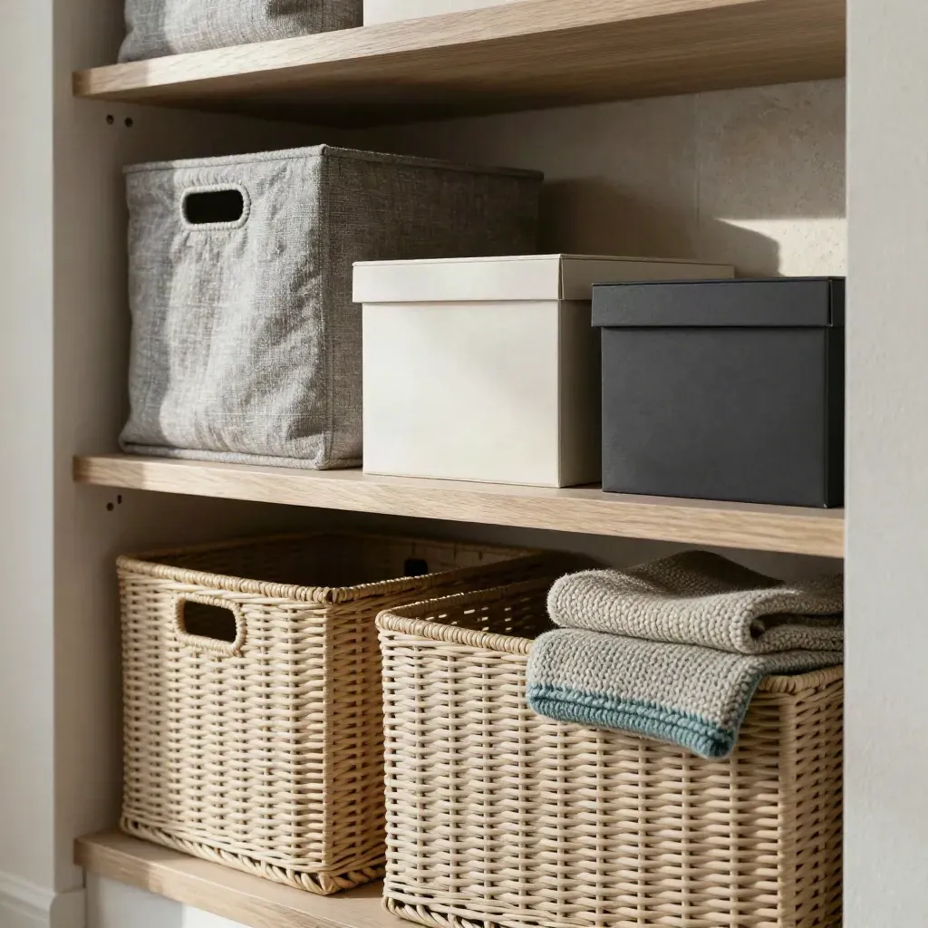 Neat alcove shelf with baskets, storage boxes, and a folded knit throw in a compact flat.