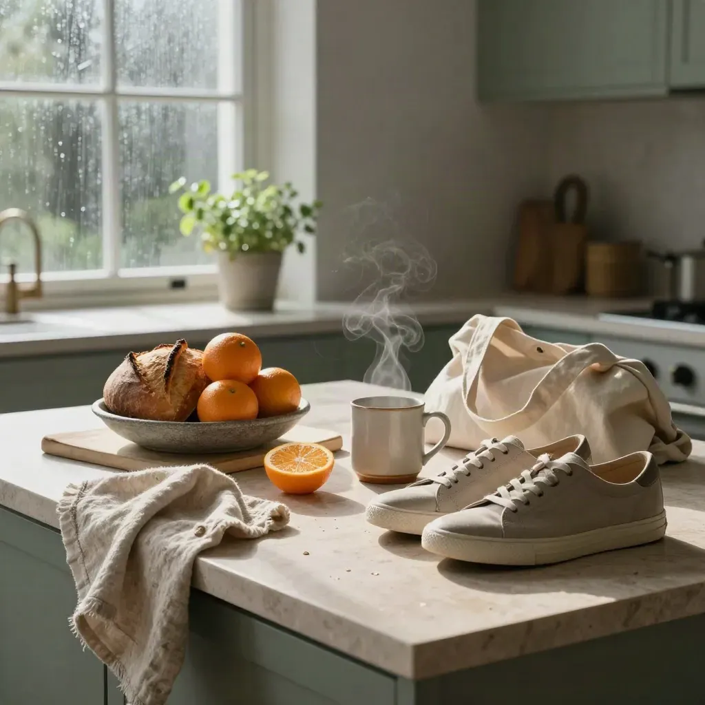 Kitchen island with clementines, sourdough, mug, trainers, tote, and herb in rainy morning light.