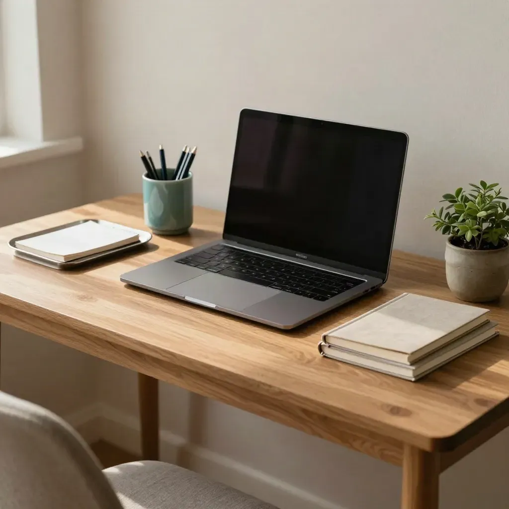 Compact tidy desk with closed laptop, teal pen cup, plant and stacked notebooks in soft daylight.