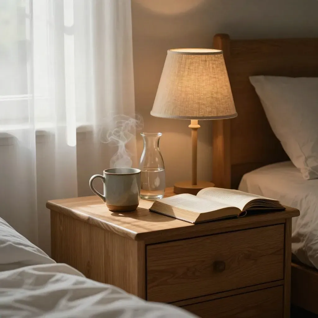 Steam rises from a bedside mug beside a closed paperback, linen lamp and glass carafe in dawn light.