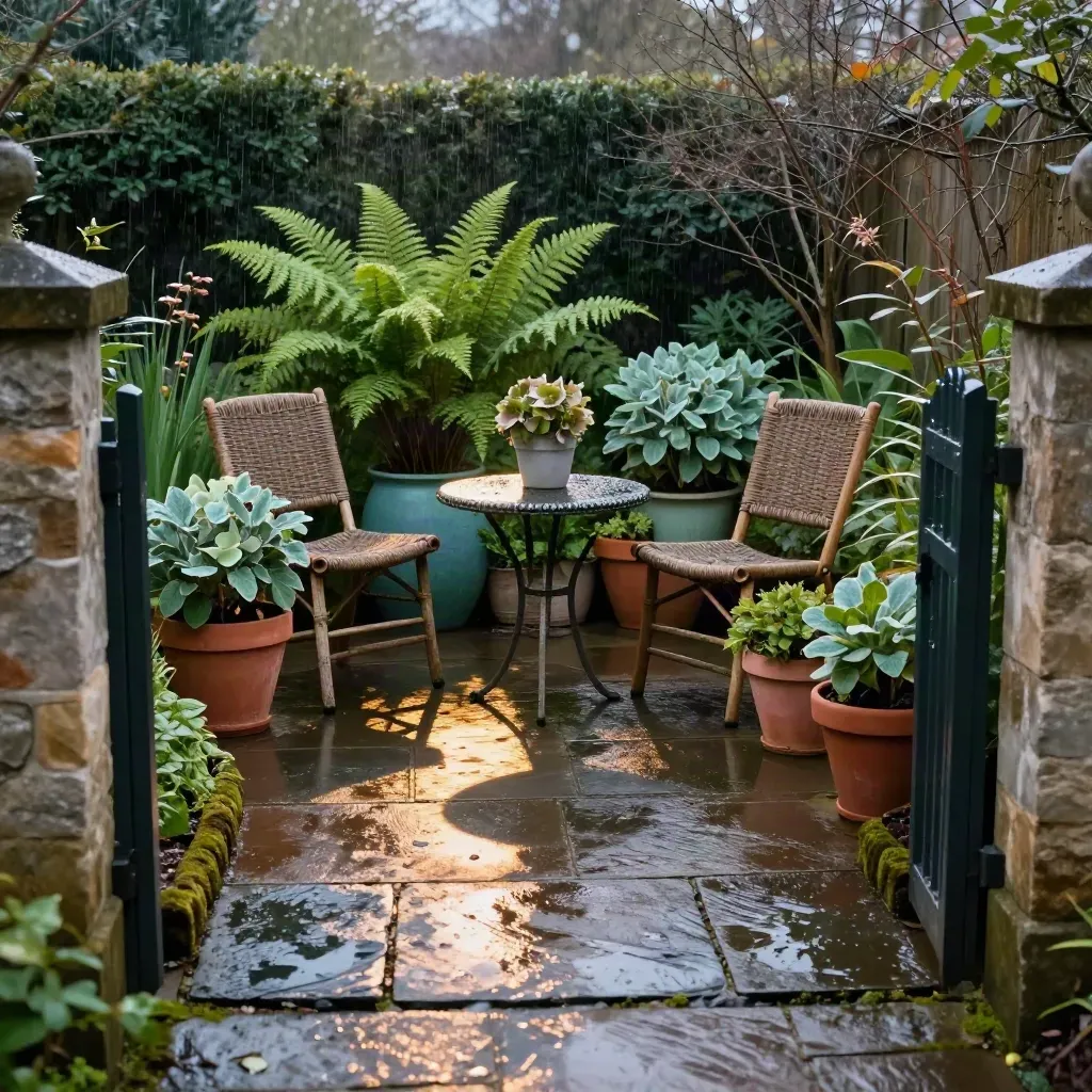Rain-soaked garden corner with chairs, pots, side table, and misty light.