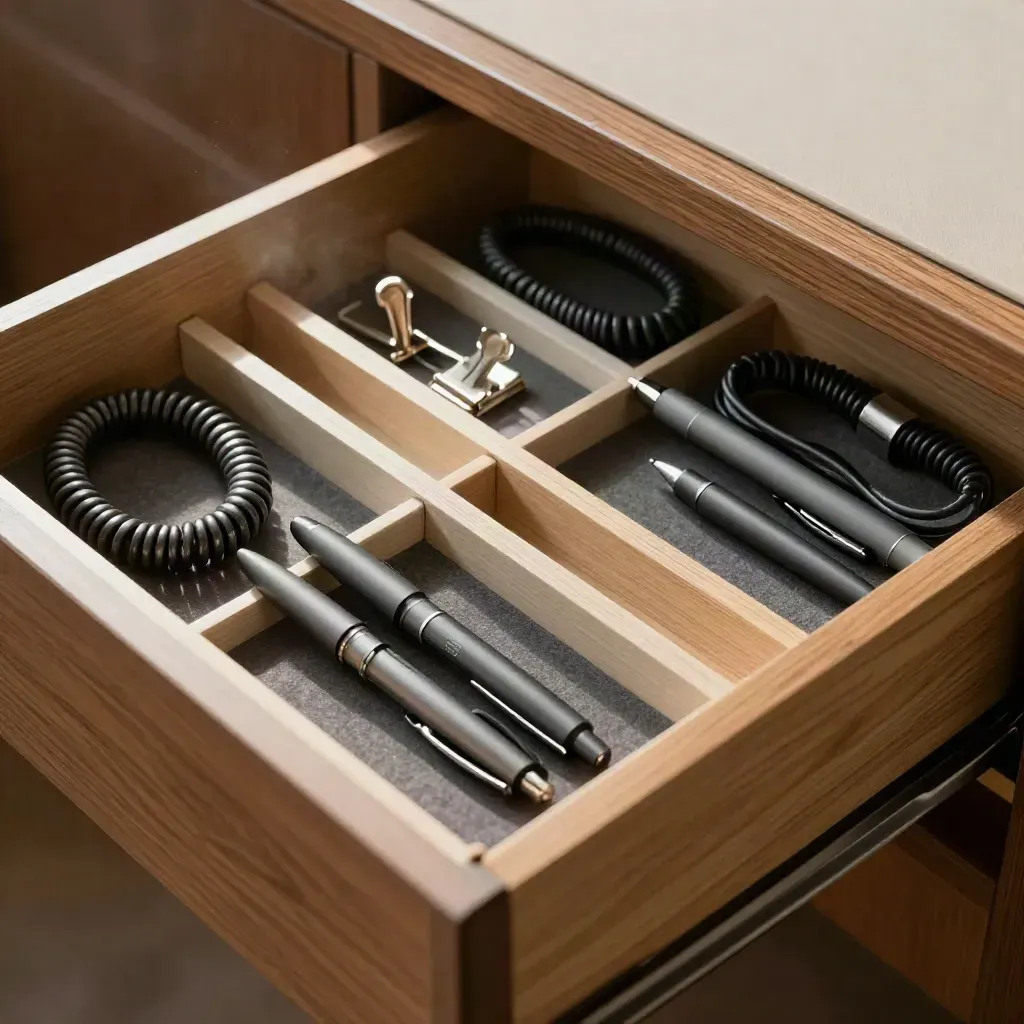 Top-down open drawer with dividers, pens, charger coils, clips and trays in warm oak and charcoal.