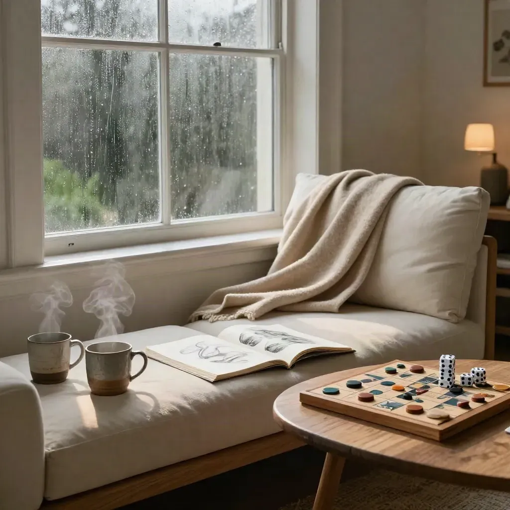 Rainy window-side nook with mugs, sketchbook, board games and a folded blanket on a sofa.