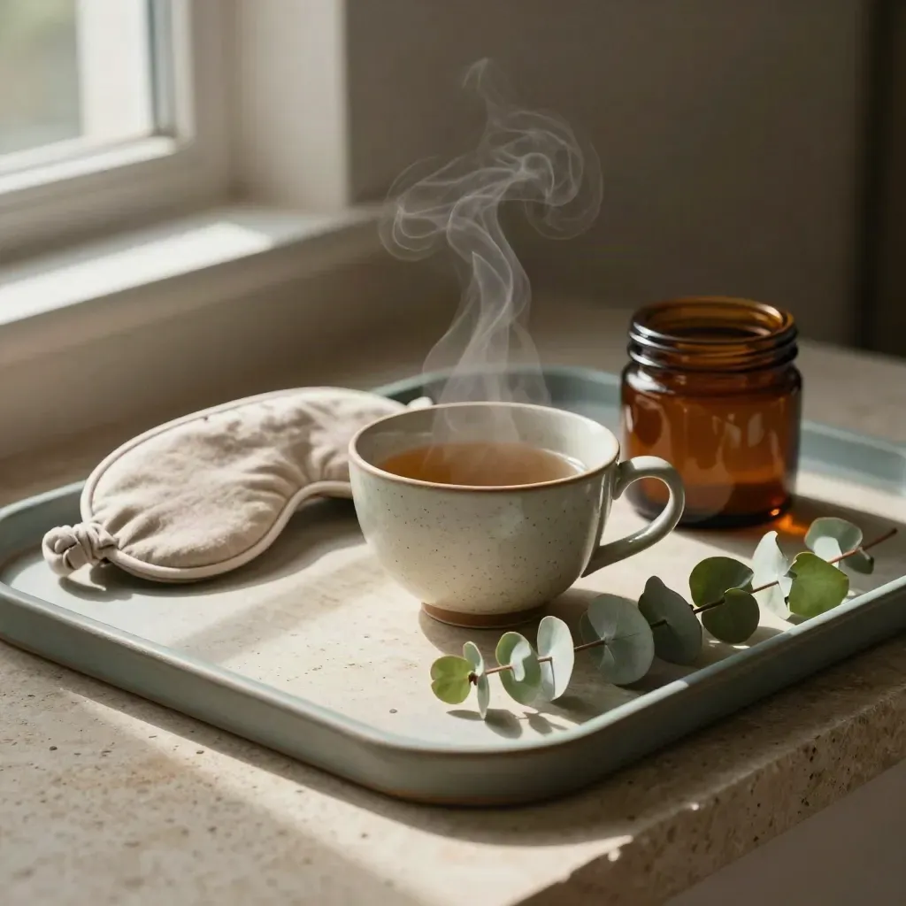 Tea cup, eye mask, amber jar and eucalyptus on stone tray in soft evening light.